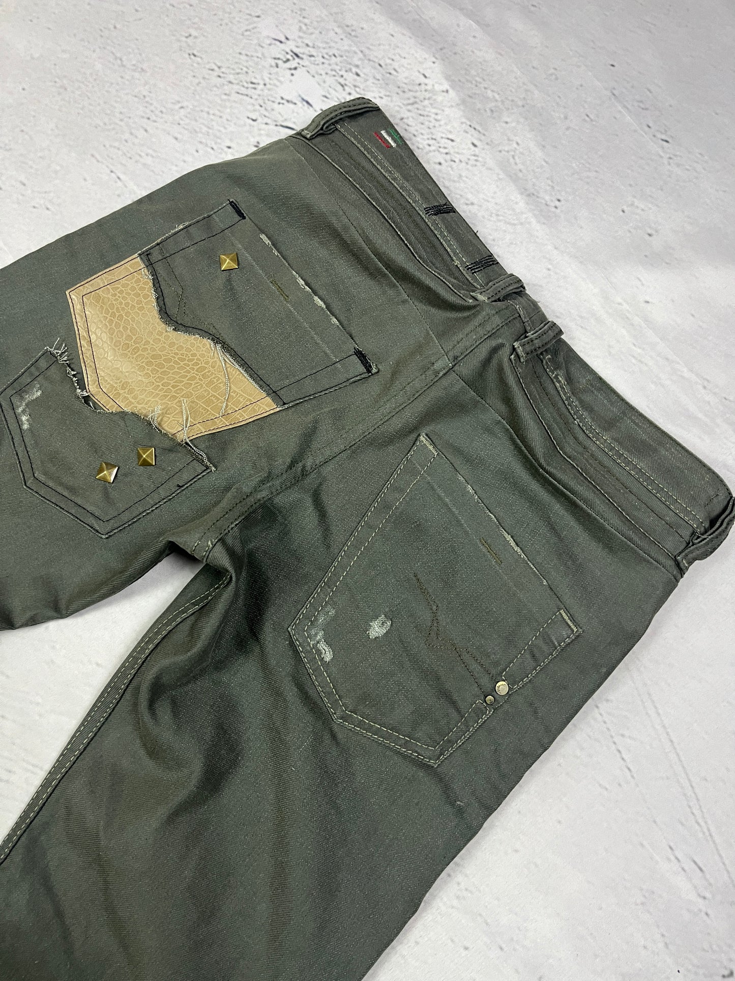 STUDDED PATCHWORK DENIM