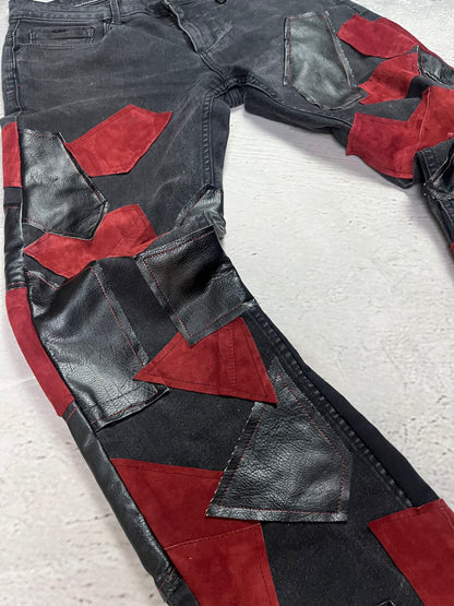 LEATHER PATCH FLARED DENIM