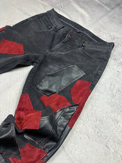 LEATHER PATCH FLARED DENIM