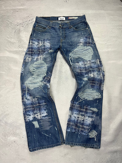 RIPPED PLAID PATCH DENIM