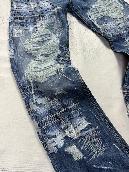 RIPPED PLAID PATCH DENIM