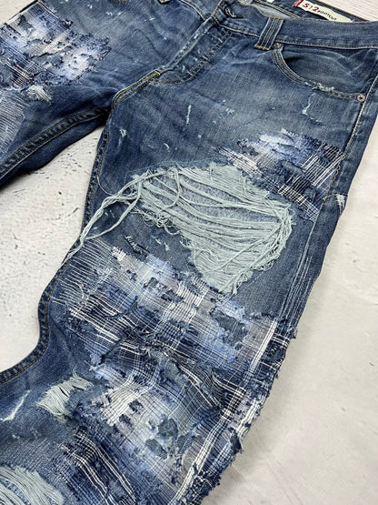 RIPPED PLAID PATCH DENIM