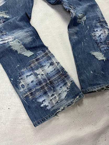 RIPPED PLAID PATCH DENIM
