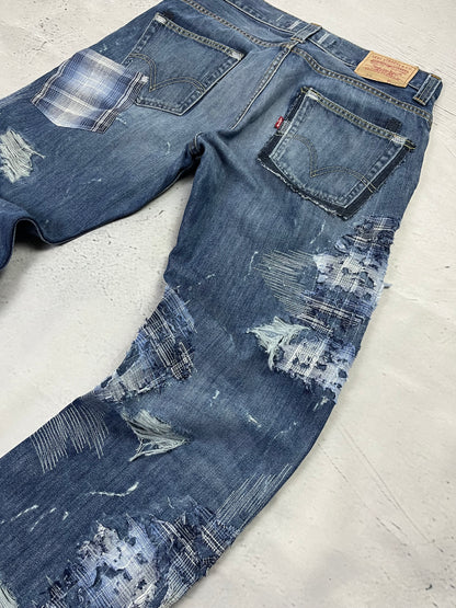 RIPPED PLAID PATCH DENIM