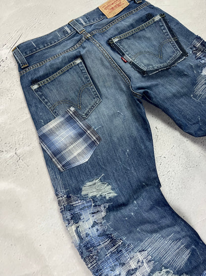 RIPPED PLAID PATCH DENIM