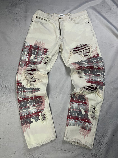 DISTRESSED PLAID PATCH DENIM