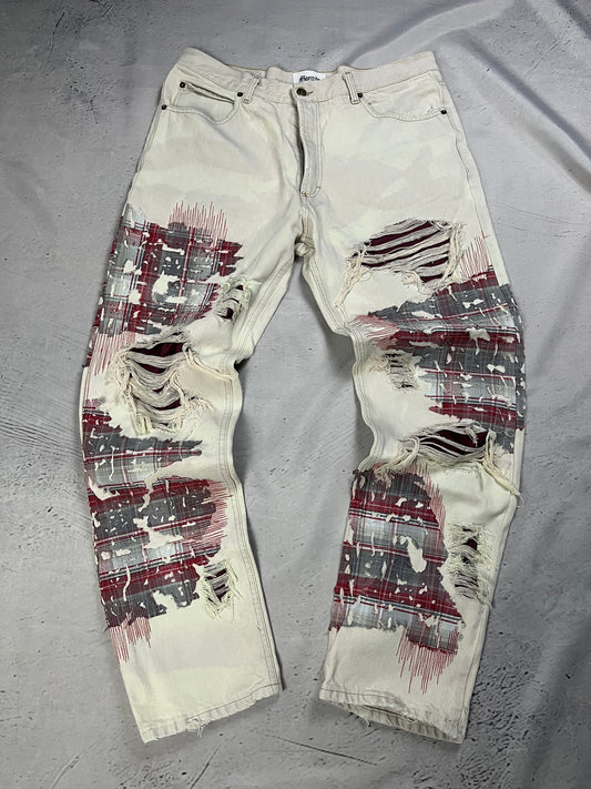 DISTRESSED PLAID PATCH DENIM