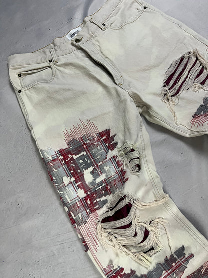 DISTRESSED PLAID PATCH DENIM