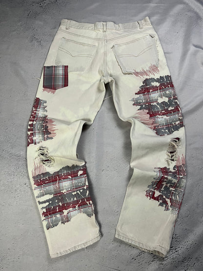 DISTRESSED PLAID PATCH DENIM