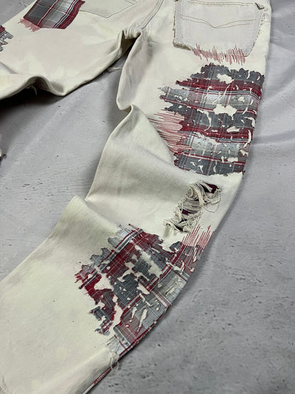 DISTRESSED PLAID PATCH DENIM