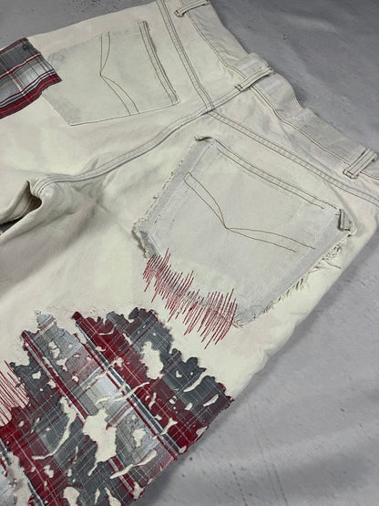 DISTRESSED PLAID PATCH DENIM
