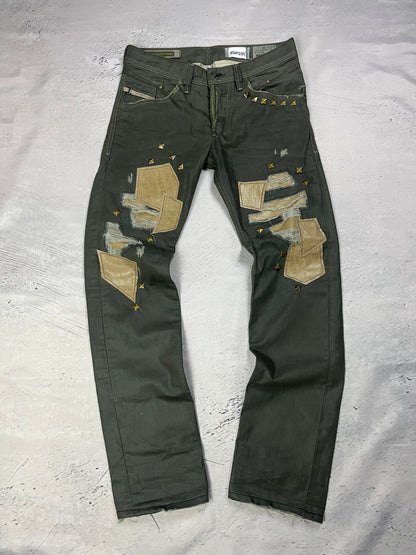 STUDDED PATCHWORK DENIM