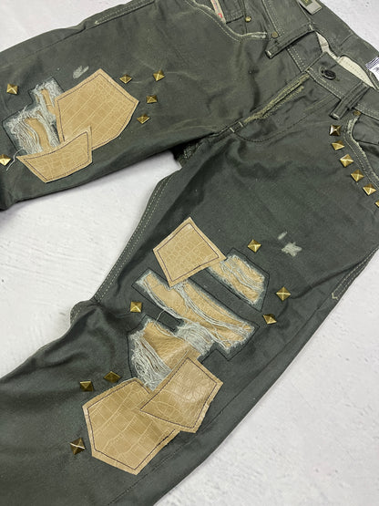 STUDDED PATCHWORK DENIM