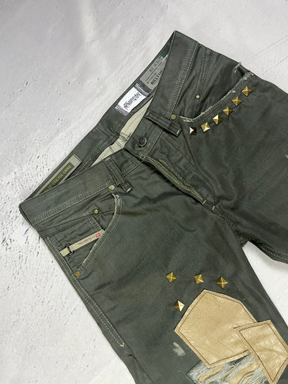 STUDDED PATCHWORK DENIM